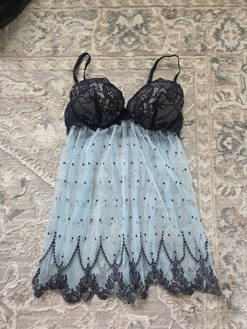 Black Lace & Pale Blue Mesh Babydoll Chemise with Embroidered Hem